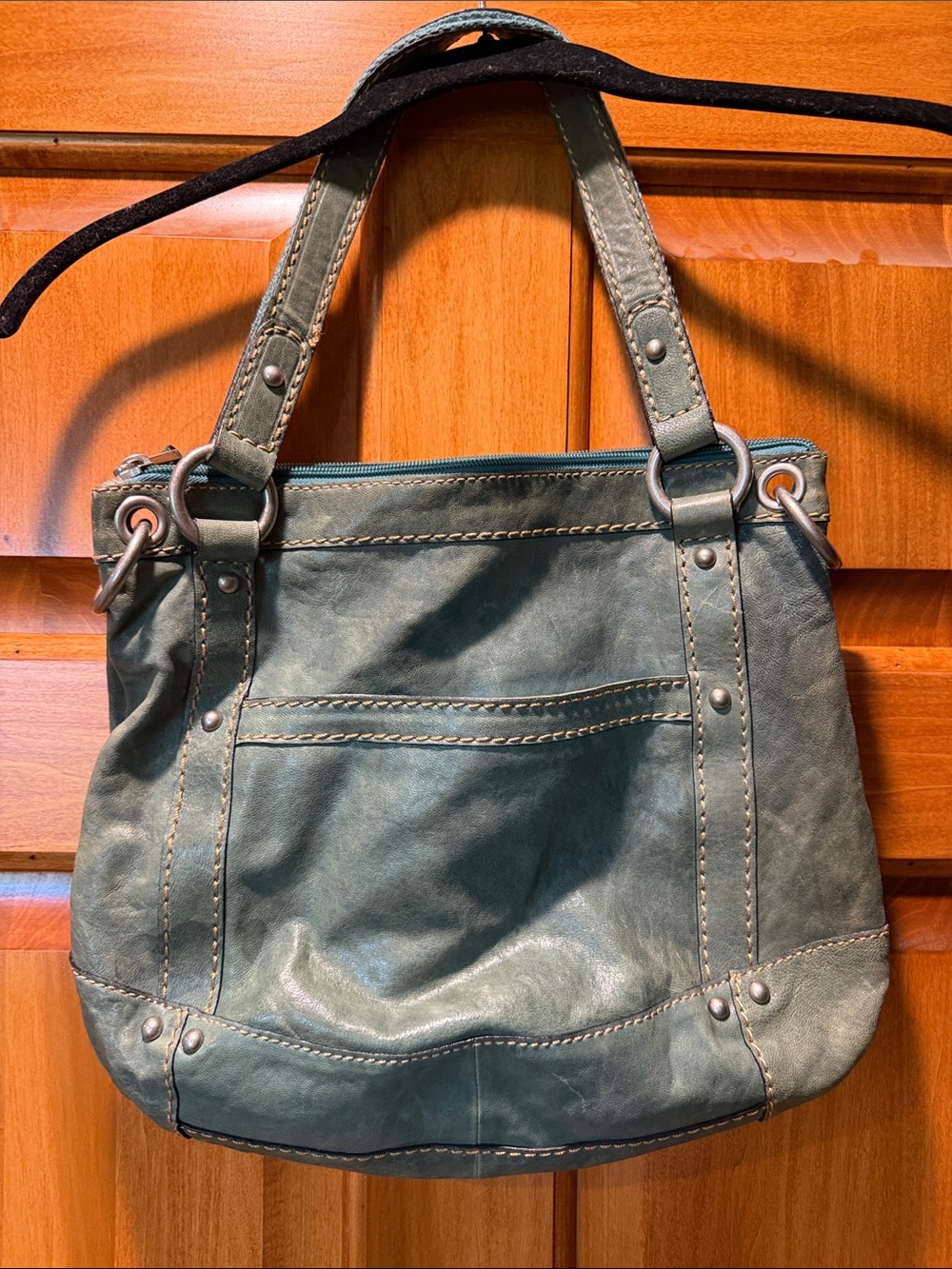 Fossil Washed Turquoise Leather Shoulder Bag with Front Pocket - Picture 3 of 5
